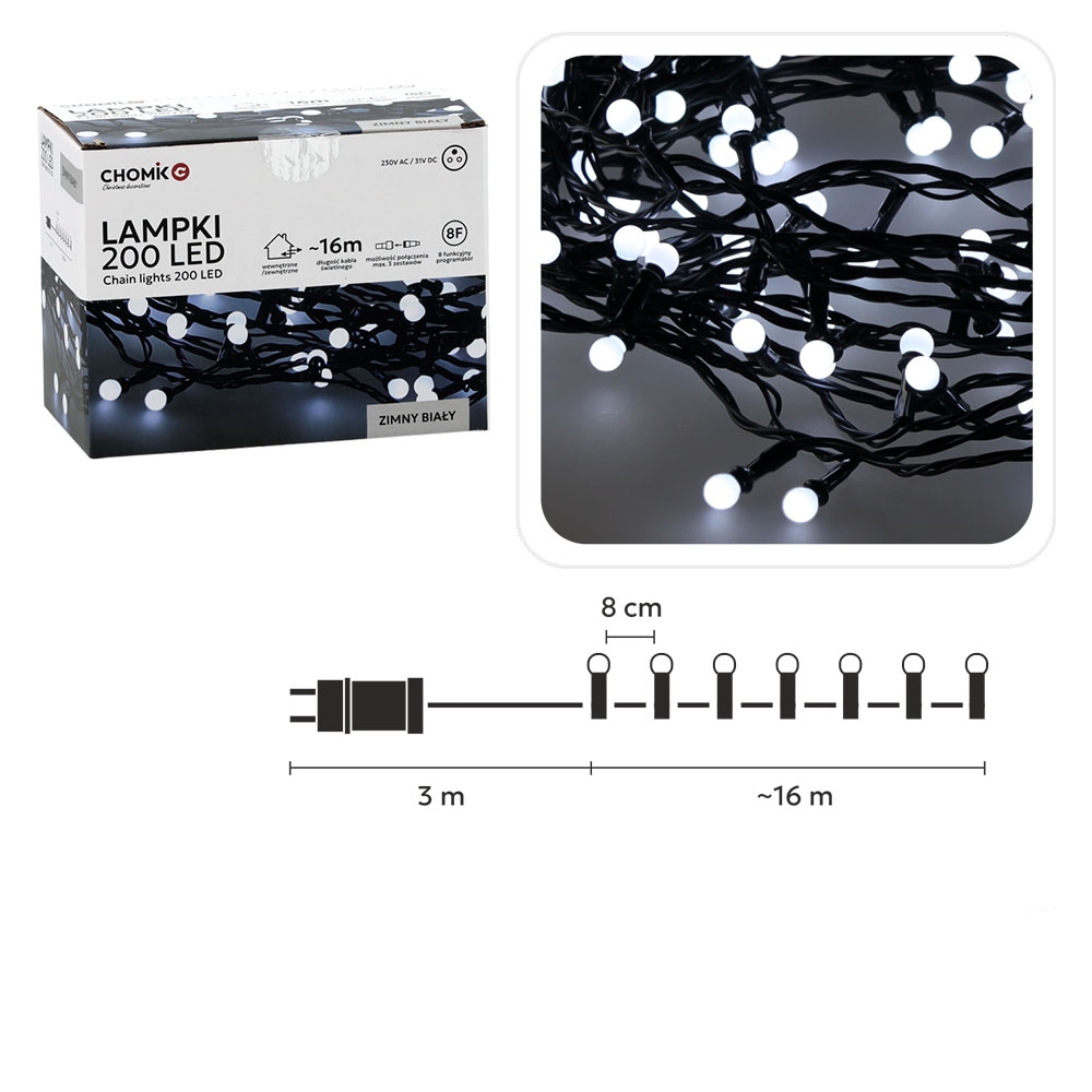LED girlianda „Ball Lights“ 200 LED, šaltai balta, 16 m