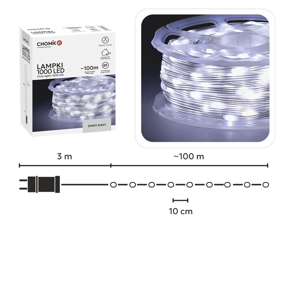 LED švieselių girlianda ant ritės 1000 LED, 100 m, šaltai balta