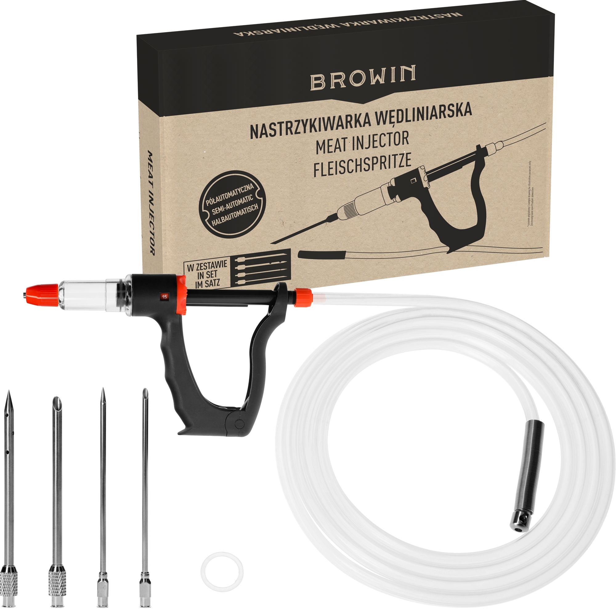 Mėsos injektorius su adatų rinkiniu ir žarna